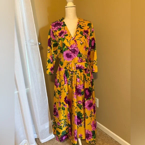 Pinup Couture Yellow and Purple Floral 3/4 Sleeve Dress - Picture 2 of 8